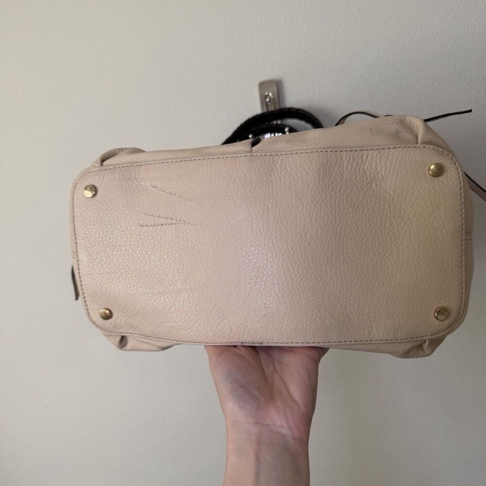 B. Makowsky Cream Beige Leather Shoulder Bag Satchel Braided Handles Boho Purse - Picture 3 of 16